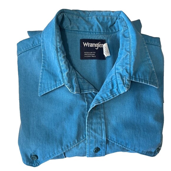 Wrangler Brushpopper Vintage Shirt Mens SZ Large Caped Yoke Turquoise - Picture 7 of 7